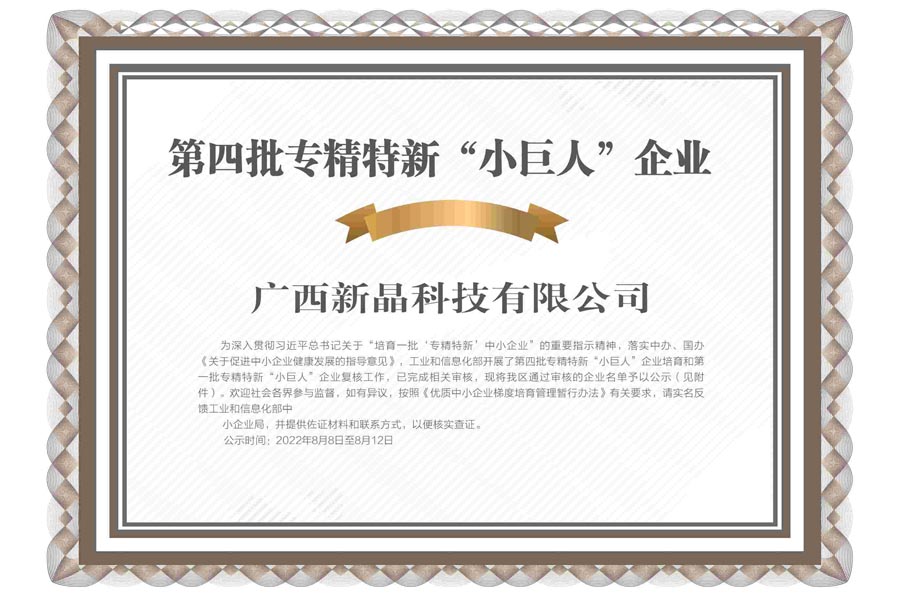 新晶公司榮獲國(guó)家級(jí)專(zhuān)精特新“小巨人”企業(yè)稱(chēng)號(hào)